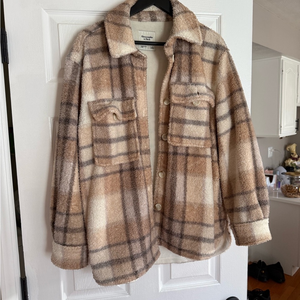Abercrombie & Fitch Plaid Brown and Cream Teddy Jacket